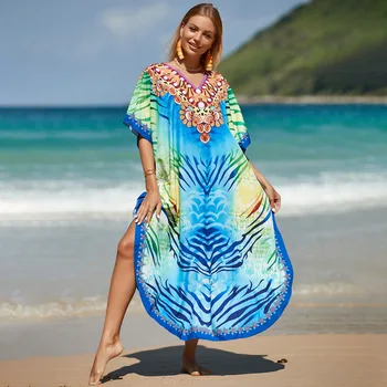 2023 Весенне-летняя Пляжная блузка с принтом, Блузка-бикини, Пляжное пальто, Женская солнцезащитная одежда Синего цвета