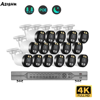 AZISHN Ultra HD 4K Система камеры Безопасности 16CH 8MP POE NVR Комплект ВИДЕОНАБЛЮДЕНИЯ Запись Наружного Двухстороннего Аудио-Видеонаблюдения IP-камера