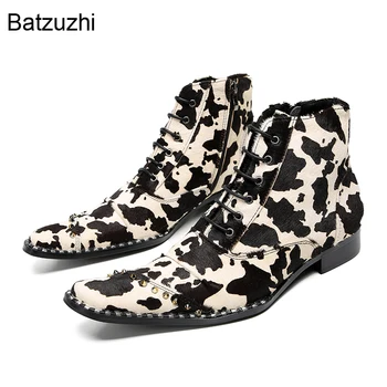 Batzuzhi, лидер продаж! Модные Леопардовые ботинки, Мужские Кожаные Ботильоны на шнуровке, Мужские ботинки на плоской подошве со шнуровкой и молнией, Большие Размеры EU37-46
