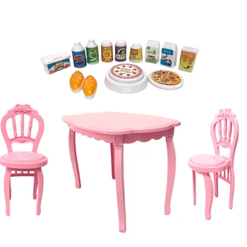 NK 1 Комплект Мебели = 2 Модных Стула + 1 Современный стол + Молочный Хлеб, Еда Для Куклы Барби, Аксессуары Для Столовой, Игрушки для Дома, подарок для Девочки