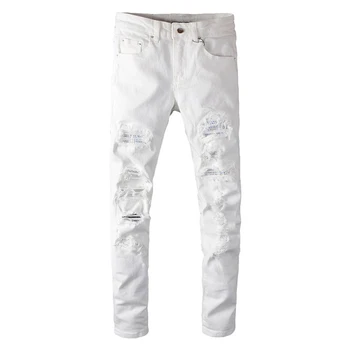 Sokotoo Мужские рваные джинсы с белыми кристаллами и дырками, Модные облегающие джинсовые брюки-стрейч со стразами