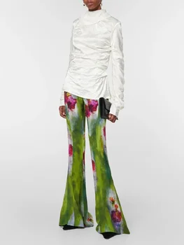 Traf 2023, женские расклешенные брюки, атласные повседневные женские длинные брюки с 3D принтом и высокой талией, одежда y2k, новые модные широкие брюки, бюстгальтер