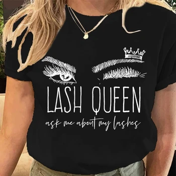 Женская Модная Женская футболка с принтом Lash Queen, Элегантный стиль, черный однотонный топ с коротким рукавом Большого размера, Женская футболка
