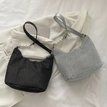 Женская модная квадратная сумка INS со стразами, женская сумка-мессенджер, универсальные Элегантные сумки через плечо с жемчужной цепочкой