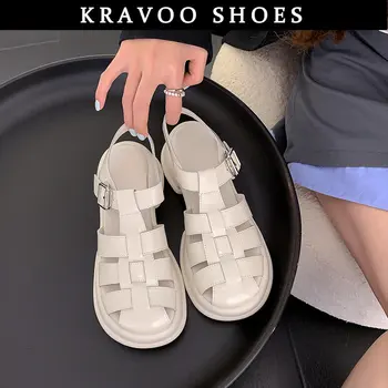 Женская обувь KRAVOO, повседневные сандалии с полостью, Плетеные женские тапочки, Римские сандалии, женские однотонные толстые сандалии, Мода 2023, лето