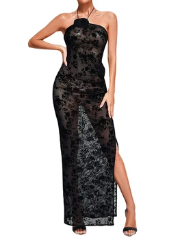 Женское прозрачное сетчатое платье с цветочным рисунком Y2k, облегающее платье с открытой спиной и коротким вырезом, вечернее платье с 3d розовым разрезом, уличная одежда