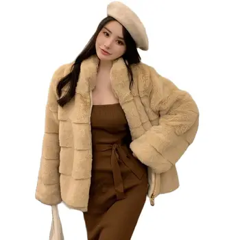 Зимняя теплая женская одежда из искусственного меха, толстые длинные рукава, воротник-стойка на молнии, Свободная корейская модная женская шуба из искусственного меха