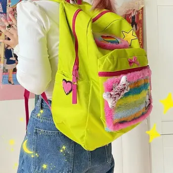 Корейский Опрятный школьный рюкзак Sweet Girl 2023 Y2k Модный Плюшевый Рюкзак в стиле пэчворк с радужной любовью, Женский дорожный милый рюкзак