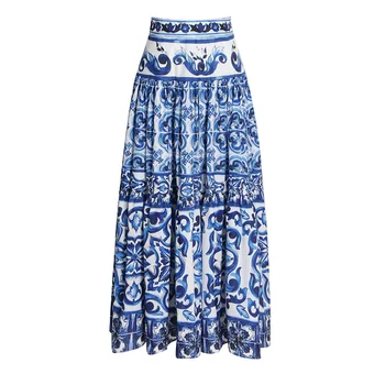 Модные миди-юбки для женщин Весенне-летняя одежда С высокой талией Сине-белый фарфоровый принт миди-юбка Леди