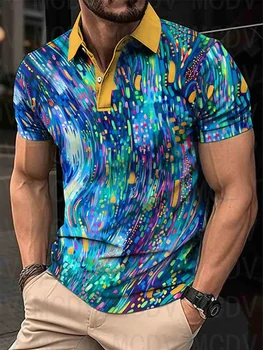Мужская повседневная рубашка поло с геометрическим рисунком и 3D принтом, Рубашки с короткими рукавами