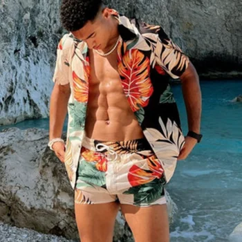 Мужские костюмы, подходящий Комплект пляжной одежды, Рубашка свободного кроя, Модный повседневный комплект с принтом для мужчин