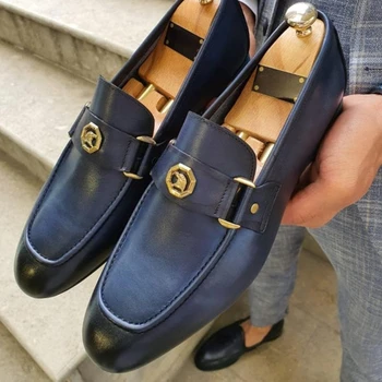 Мужские лоферы сине-коричневого цвета с металлическим украшением, модные деловые классические мужские модельные туфли без застежки для мужчин с бесплатной доставкой
