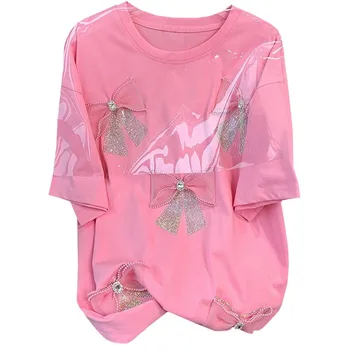 Новая Хлопковая Розовая Свободная Женская футболка, Летняя Одежда, футболки с бриллиантовым бантом в стиле Харадзюку, Кавайные Милые Повседневные женские топы