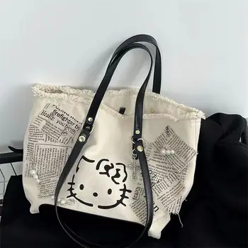 Новый Узор Sanrio Hello Kitty Большой емкости, сумка на одно плечо, белая парусиновая сумка для девочек, модная сумка для досуга, посылка