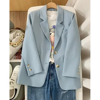 Новый женский Блейзер Свежего синего цвета с длинным рукавом, Свободный корейский модный Пиджак на двух пуговицах, офисное женское пальто, Повседневные Элегантные топы, Mujer
