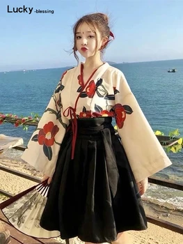 Платье с цветочным принтом в Японском Стиле, Длинная юбка-кимоно, Кавайная Одежда, Комплект Вечерних халатов для девочек, Винтажный костюм Для Азиатского Косплея, Новинка для женщин