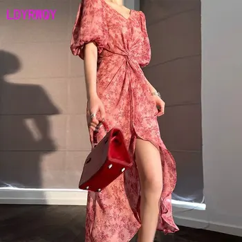 Платье с цветочным рисунком 2023, французский дизайн, облегающий V-образный вырез с обеих сторон, сексуальный
