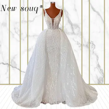 Роскошные дизайнерские свадебные платья принцессы для женщин 2022 года, свадебные платья из блестящего жемчуга в Дубае со съемным шлейфом