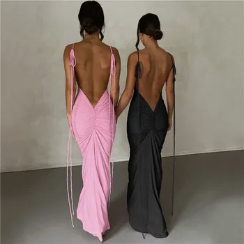 Сексуальные Макси-платья с открытой спиной для женщин, Длинное пляжное платье на бретельках, Женское летнее 2023, Элегантное вечернее платье для вечеринки
